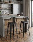 Set of Two 30" Black Iron Low Back Bar Height Bar Chairs