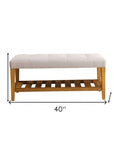 40" Light Gray and Brown Upholstered Polyester Bench with Shelves