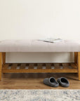 40" Light Gray and Brown Upholstered Polyester Bench with Shelves