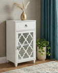 17" White Fret Work Design Glass Door Accent Cabinet