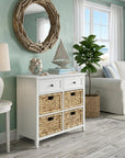 30" White Wood And Water Hyacinth Accent Cabinet With Six Drawers
