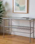 42" Clear and Silver Glass and Metal Console Table With Shelf