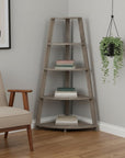 60" Taupe Wood Four Tier Corner Bookcase
