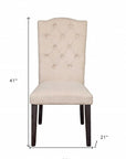 Set of Two Tufted Beige and Espresso Upholstered Linen Dining Side Chairs