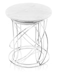 Set of Two White and Silver Marble and Metal Round Pedestal End Tables