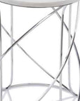 Set of Two White and Silver Marble and Metal Round Pedestal End Tables