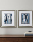 Set of Two Modern Blue Abstract Silver Framed Art