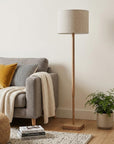 59" Natural Solid Wood Floor Lamp With White Linen Drum Shade
