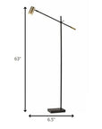 63" Black And Gold Adjustable LED Task Floor Lamp With Antiqued Brass Metal Cylinder Shade