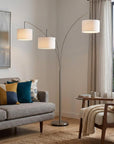74" Silver Three Light Tree Floor Lamp With White Linen Drum Shade