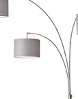 74" Brass Three Light Arc Floor Lamp With Off White Fabric Drum Shade