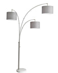 74" Brass Three Light Arc Floor Lamp With Off White Fabric Drum Shade
