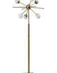 64" Brass Six Light LED Novelty Floor Lamp With White Glass Globe Shades