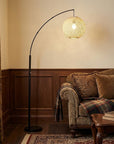 77" Antiqued Bronze Arched Floor Lamp With Groovy Beige Abstract Wicker Globe Shade