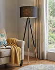 Black Metal Tripod Floor Lamp With Black Fabric Drum Shade