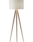 60" Natural Metal Tripod Floor Lamp With White Fabric Drum Shade