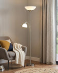 71" Silver Metal Two Light Torchiere Floor Lamp With White Bowl Shade