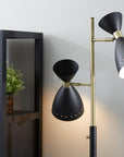 68" Black And Gold Metal Two Light Task Floor Lamp With Black Metal Cone Shade