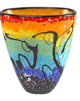 8" Red Orange Blue And Black Blue Abstract Oval Murano Glass Table Vase