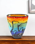 8" Red Orange Blue And Black Blue Abstract Oval Murano Glass Table Vase