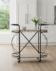 15" Black Solid Wood and Steel Round Rolling Kitchen Cart With Storage