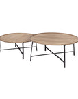 Set of Two Brown and Black Solid Wood and Iron Round Nested Coffee Tables