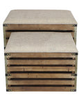 Set of Two Brown Wood Slat and Upholstery Storage Benches With Flip Top