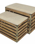 Set of Two Brown Wood Slat and Upholstery Storage Benches With Flip Top