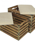 Set of Two Brown Wood Slat and Upholstery Storage Benches With Flip Top