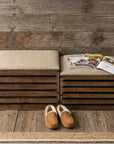 Set of Two Brown Wood Slat and Upholstery Storage Benches With Flip Top
