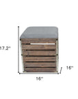 Set Of 2 Square Gray Linen Fabric And Wood Slats Storage Benches