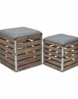 Set Of 2 Square Gray Linen Fabric And Wood Slats Storage Benches