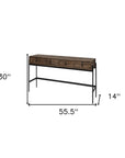 56" Brown and Black Solid Wood and Metal Distressed Console Table With Four Drawers