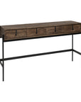 56" Brown and Black Solid Wood and Metal Distressed Console Table With Four Drawers