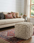 18" Ivory Wool Knubby Geometric Cube Pouf Ottoman