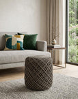 16" Brown Upholstery Cylinder Abstract Pouf Ottoman