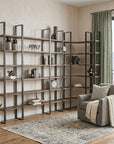 Brown Iron and Solid Wood Six Tier Bookcase