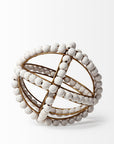 9" White And Gold Wooden Bead And Metal Orb Sculpture