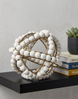 9" White And Gold Wooden Bead And Metal Orb Sculpture