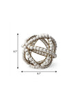 9" White And Gold Wooden Bead And Metal Orb Sculpture