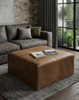 36" Brown Genuine Leather Cube Ottoman
