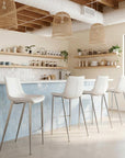Set of Two 30" White And Silver Faux Leather And Steel Low Back Bar Height Bar Chairs