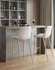 Set of Two 30" White And Silver Faux Leather And Steel Low Back Bar Height Bar Chairs