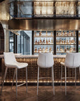 Set of Two 30" White And Silver Faux Leather And Steel Low Back Bar Height Bar Chairs