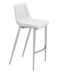 Set of Two 30" White And Silver Faux Leather And Steel Low Back Bar Height Bar Chairs