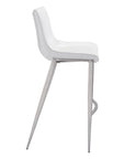 Set of Two 30" White And Silver Faux Leather And Steel Low Back Bar Height Bar Chairs
