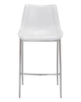 Set of Two 30" White And Silver Faux Leather And Steel Low Back Bar Height Bar Chairs