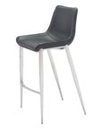 Set of Two 30" Black And Silver Faux Leather And Steel Low Back Bar Height Bar Chairs