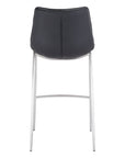 Set of Two 30" Black And Silver Faux Leather And Steel Low Back Bar Height Bar Chairs