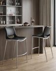 Set of Two 29" Black And Silver Faux Leather And Steel Low Back Bar Height Bar Chairs
